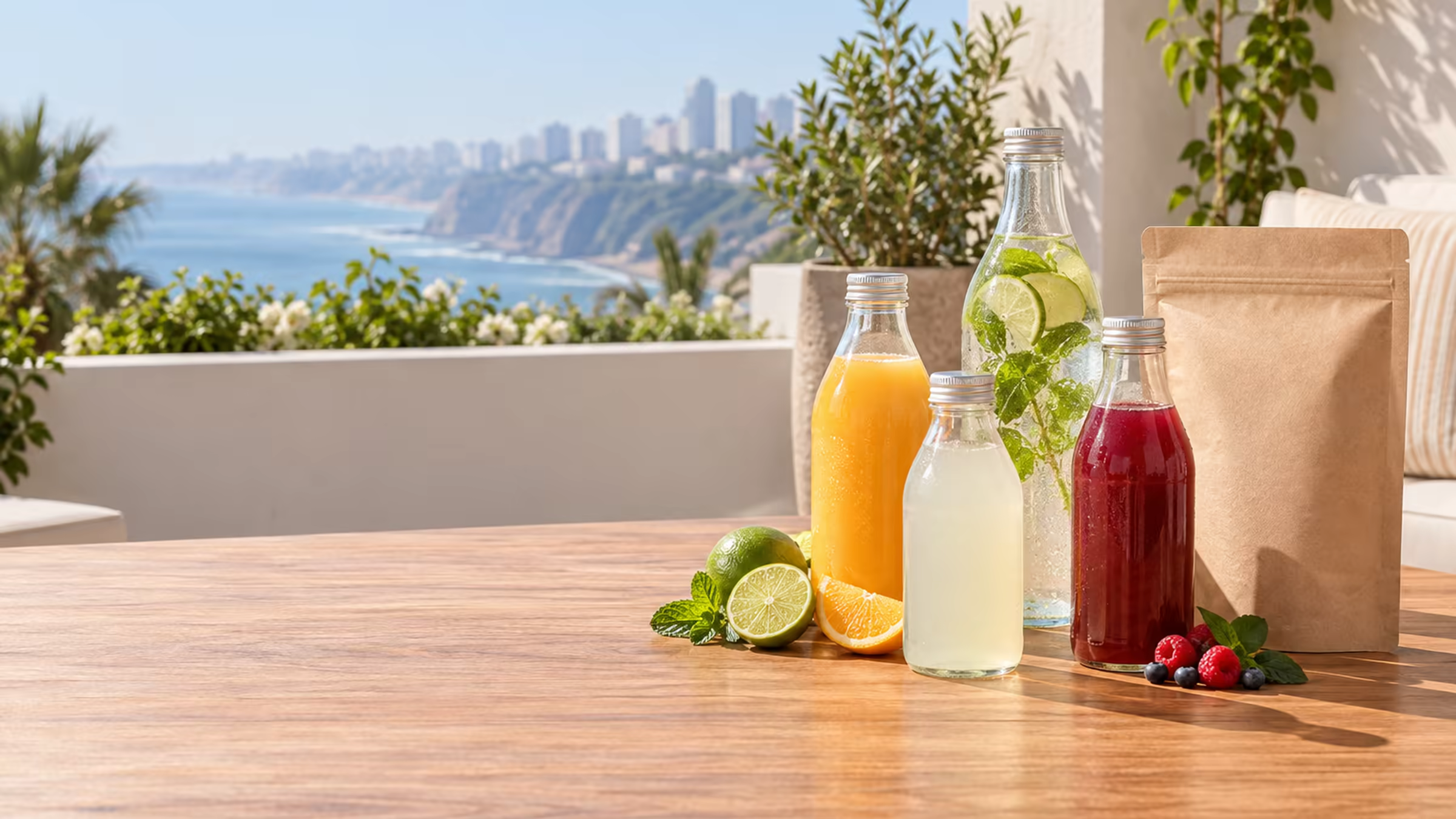 Varias botellas sobre una mesa de madera en una terraza soleada