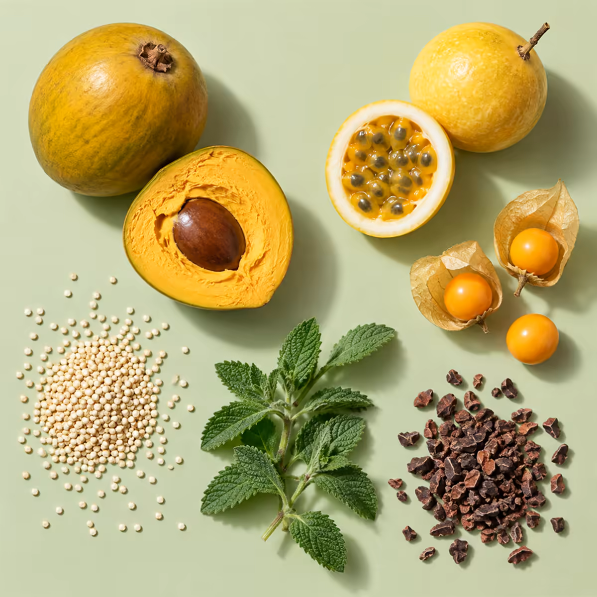 Frutas, granos y hierbas frescas ordenados sobre una superficie de color