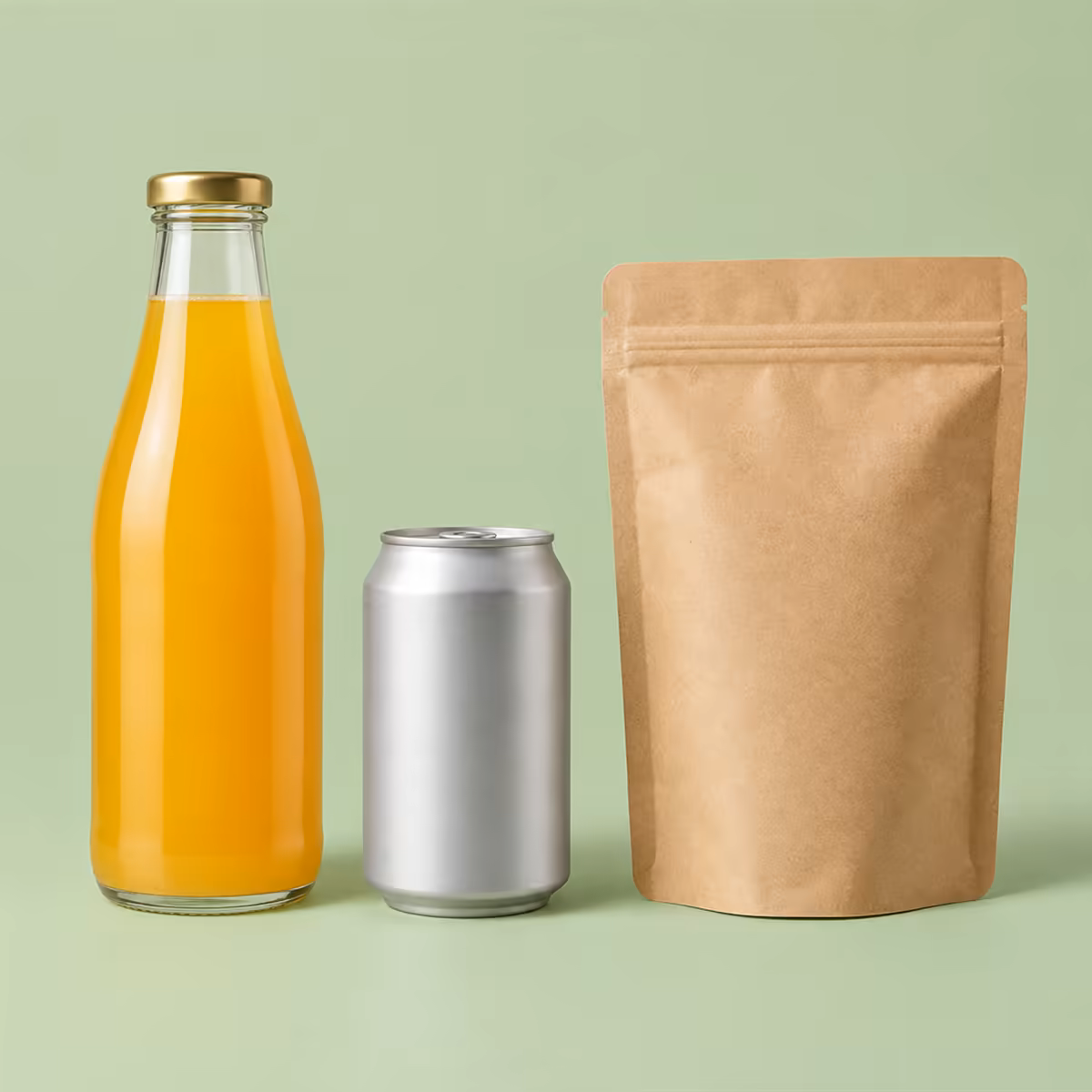 Una botella, una lata y una bolsa del producto, juntas sobre un fondo plano