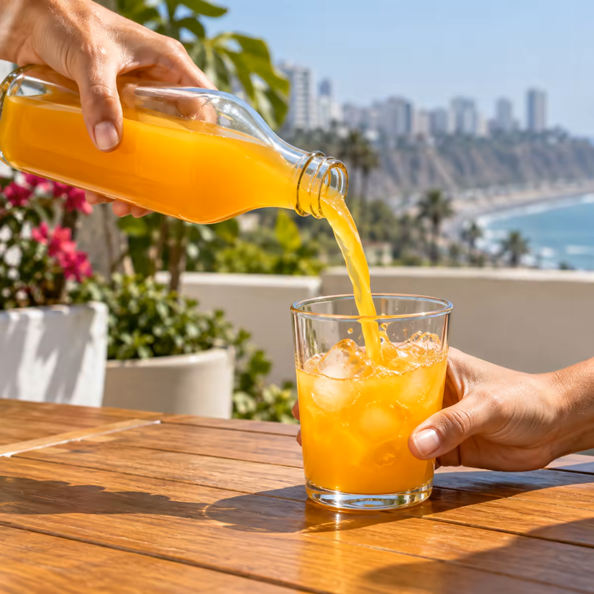 Dos manos sirven la bebida en un vaso con hielo sobre una mesa de madera