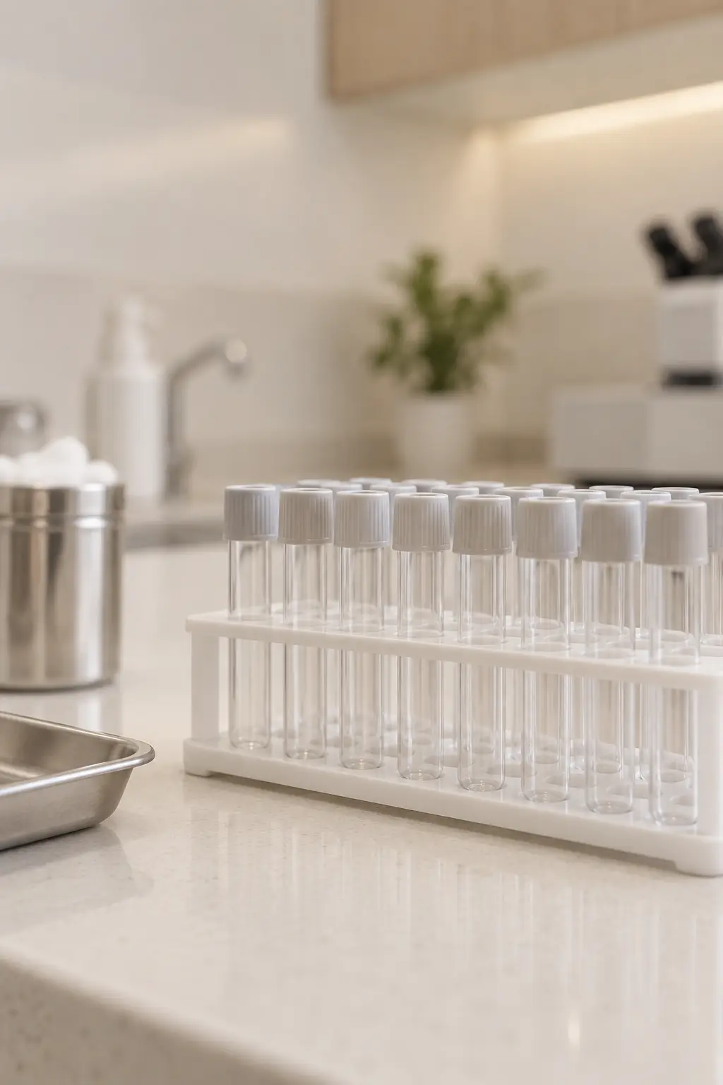 Gradilla con tubos de muestra sobre una mesada de laboratorio