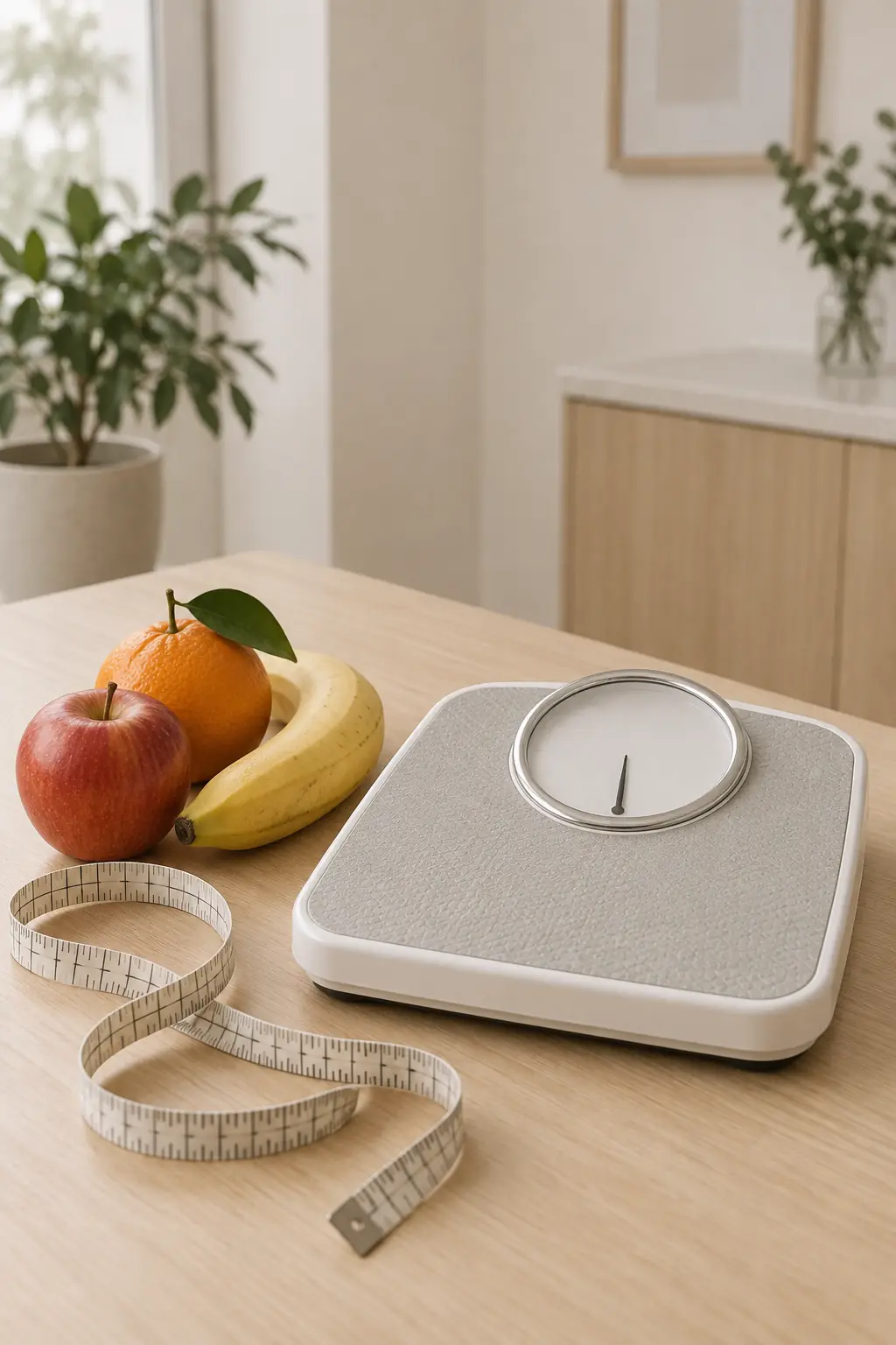 Balanza, cinta métrica y fruta fresca sobre una mesa