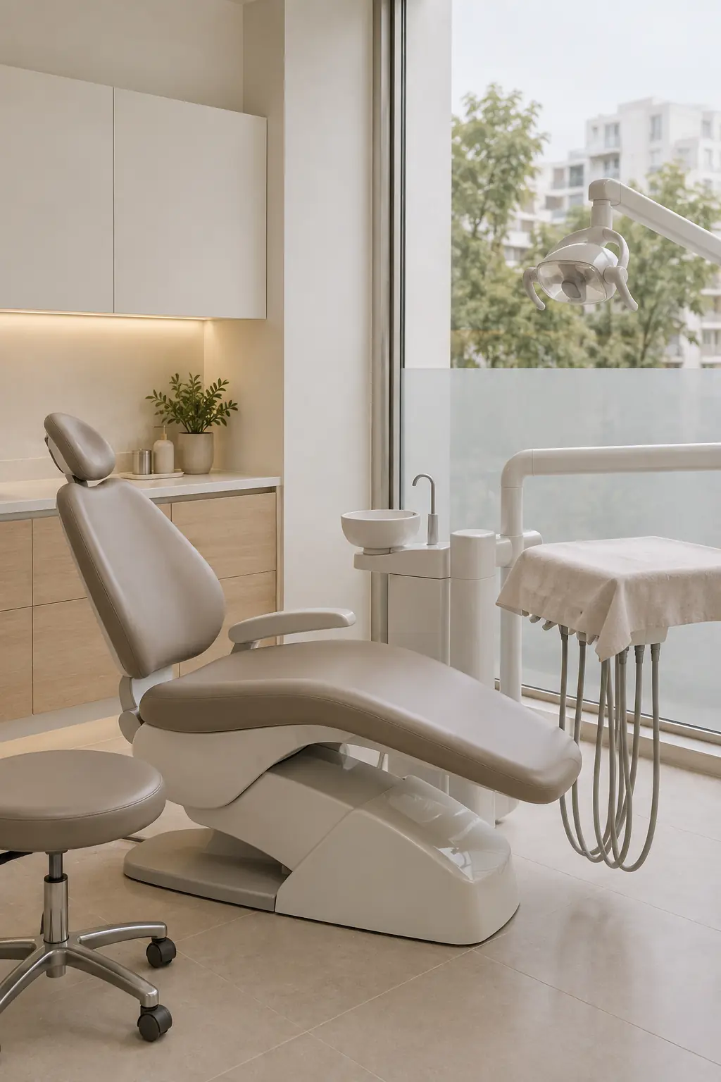 Sillón dental vacío junto a una ventana