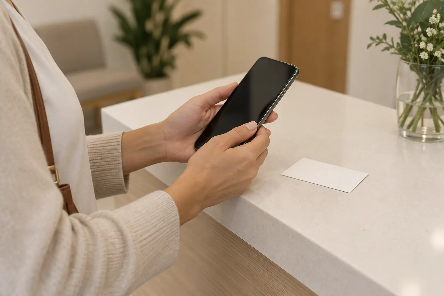 Manos sostienen un celular apoyadas en un mostrador