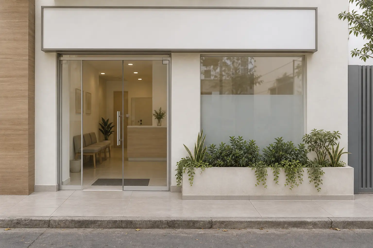 Ingreso a un local de calle con puerta de vidrio y vereda