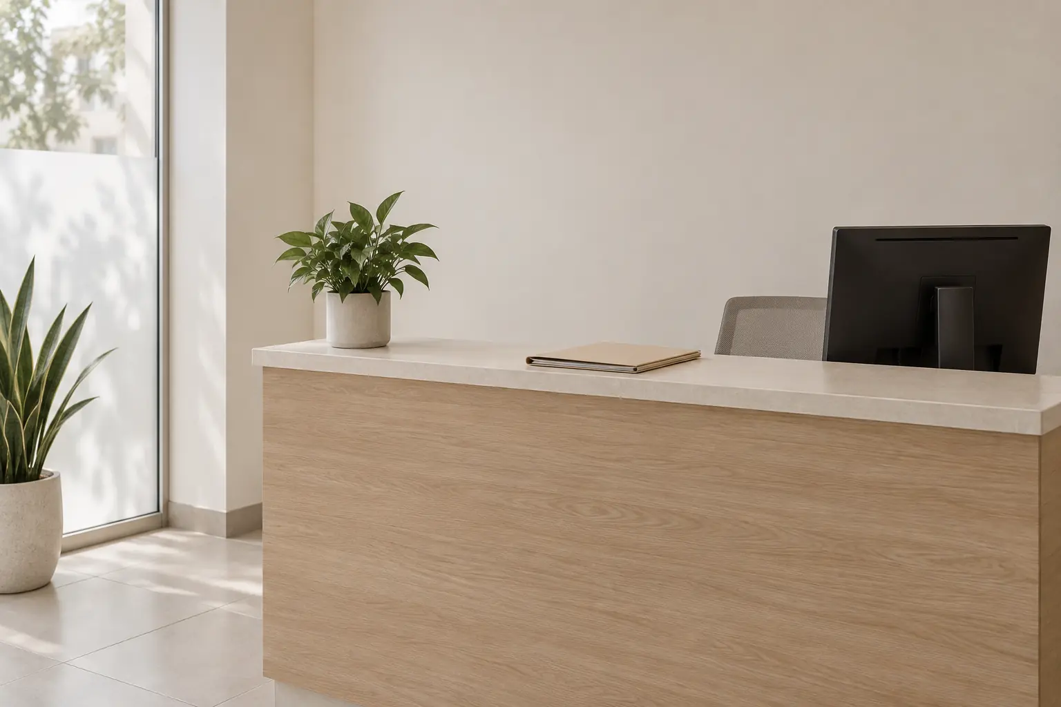 Mostrador de recepción vacío con luz de ventana