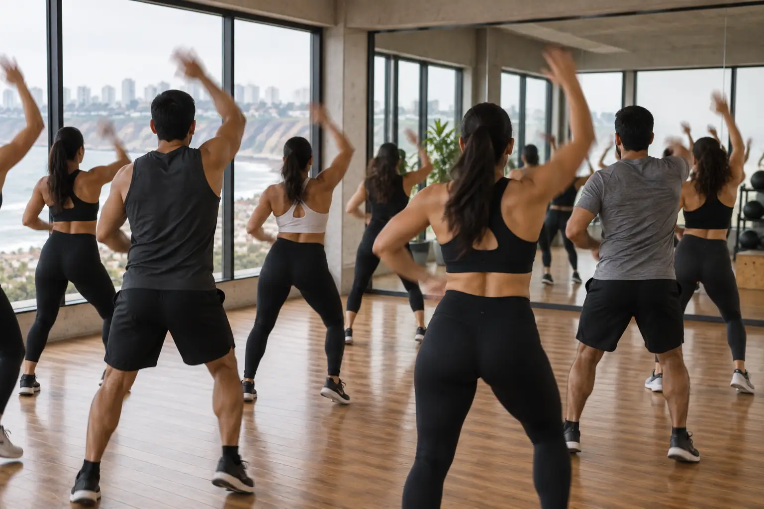 Clase de baile en un salón con espejos, vista desde atrás