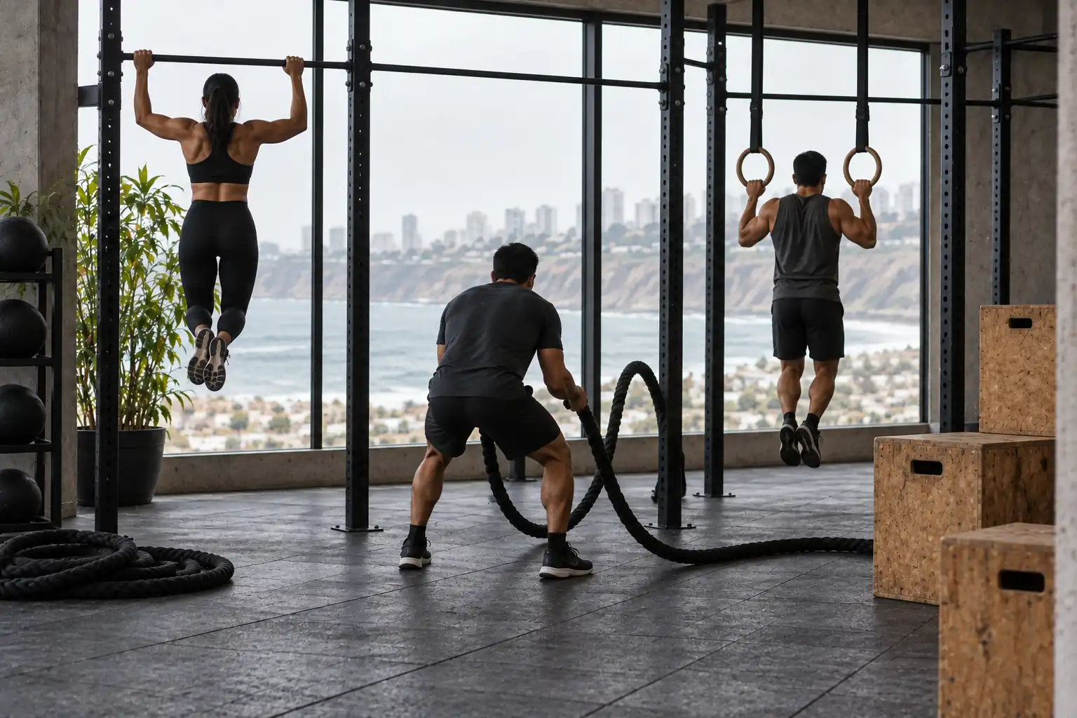 Estructura de entrenamiento funcional con cuerdas, anillas y cajones