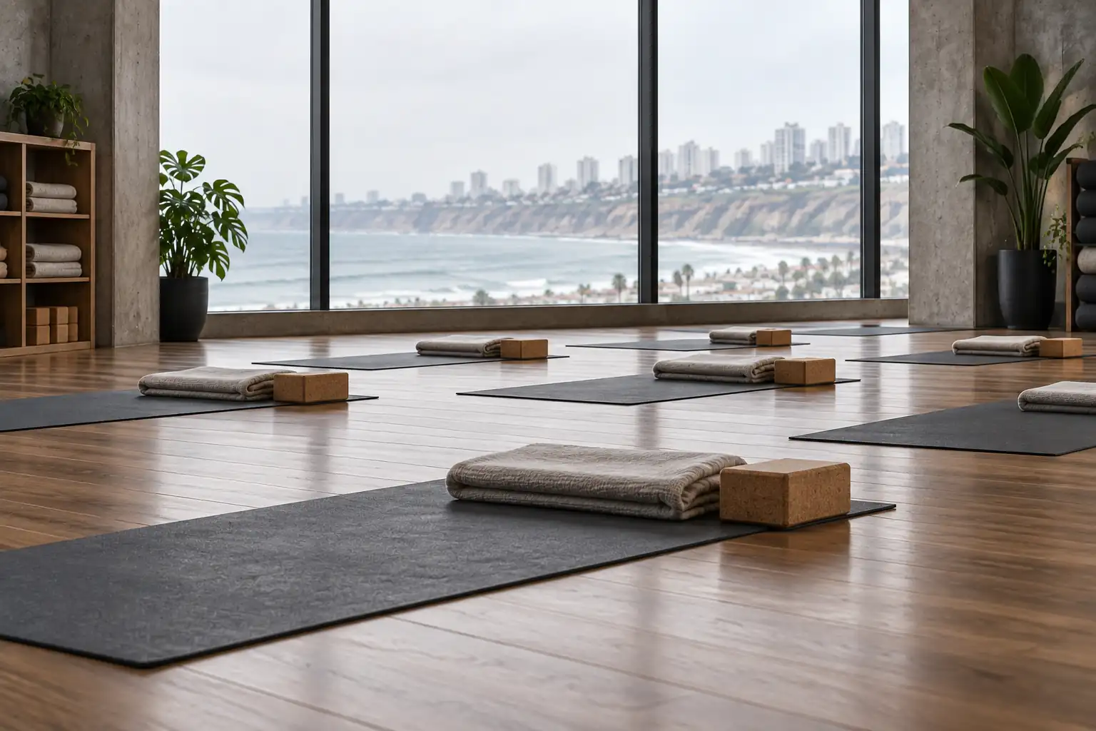 Salón de yoga con colchonetas alineadas y luz de ventanal