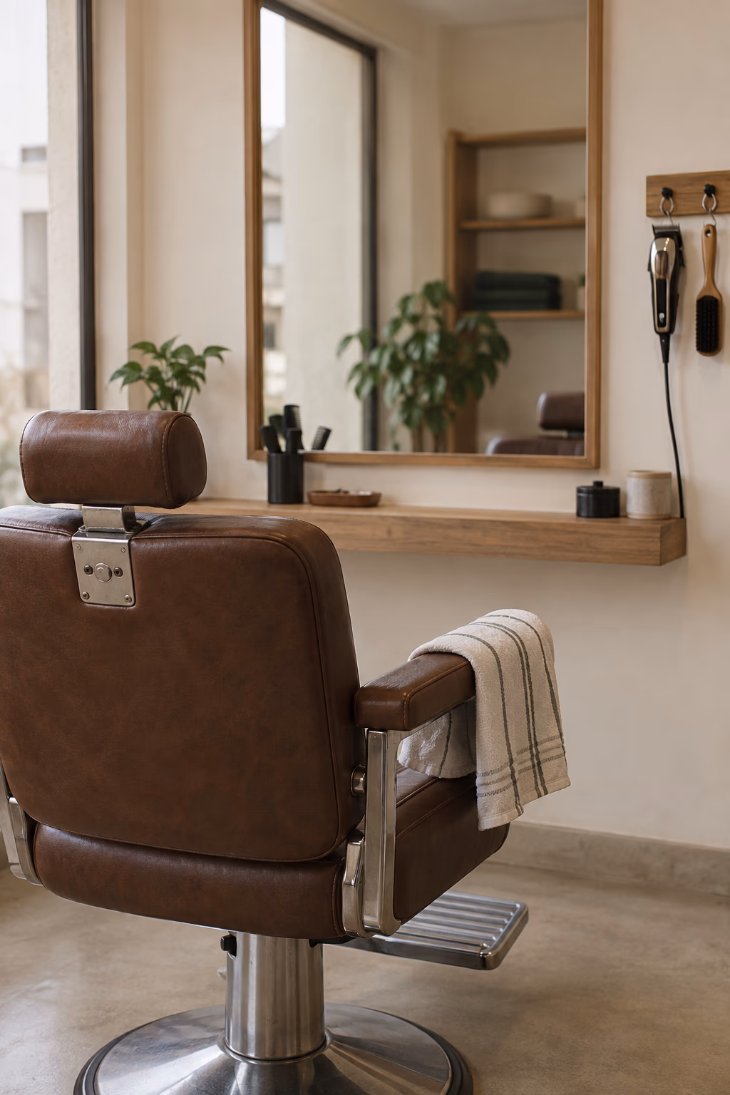 Puesto de barbería con el sillón y el espejo