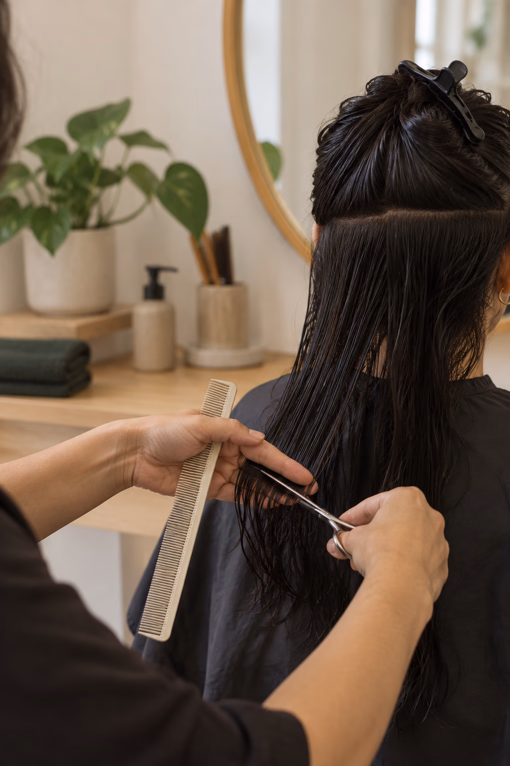 Manos cortando cabello con una tijera