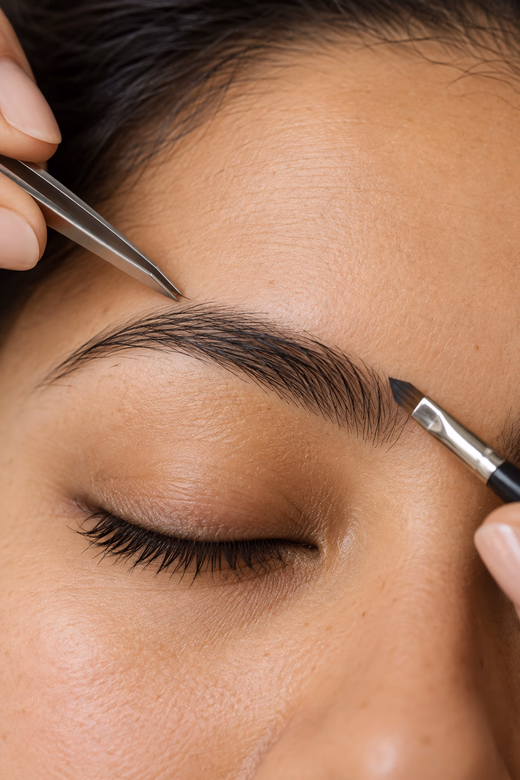 Trabajo de cejas en primer plano con los ojos cerrados