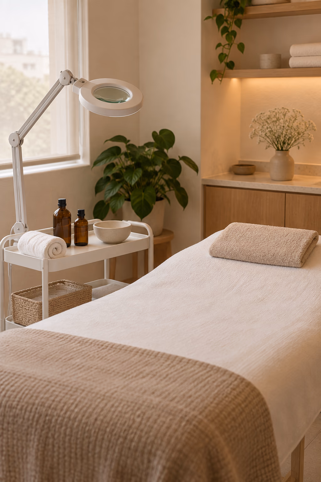 Cabina facial preparada con toallas y frascos sin etiqueta