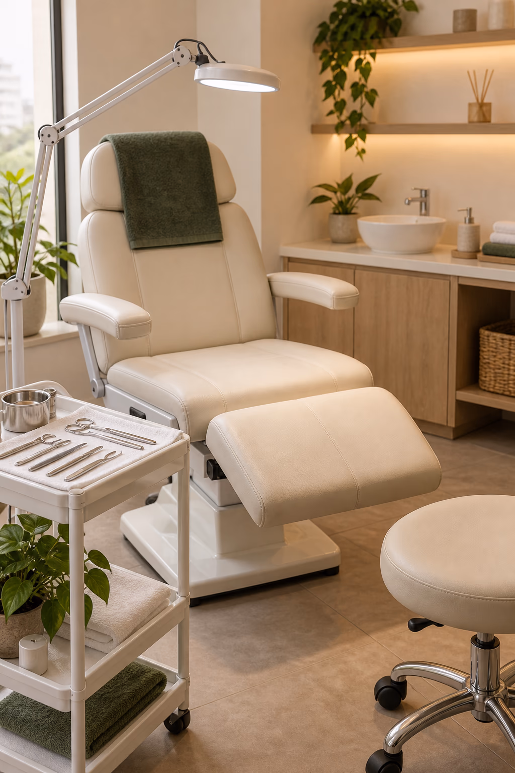 Puesto de podología estética con sillón e instrumental ordenado
