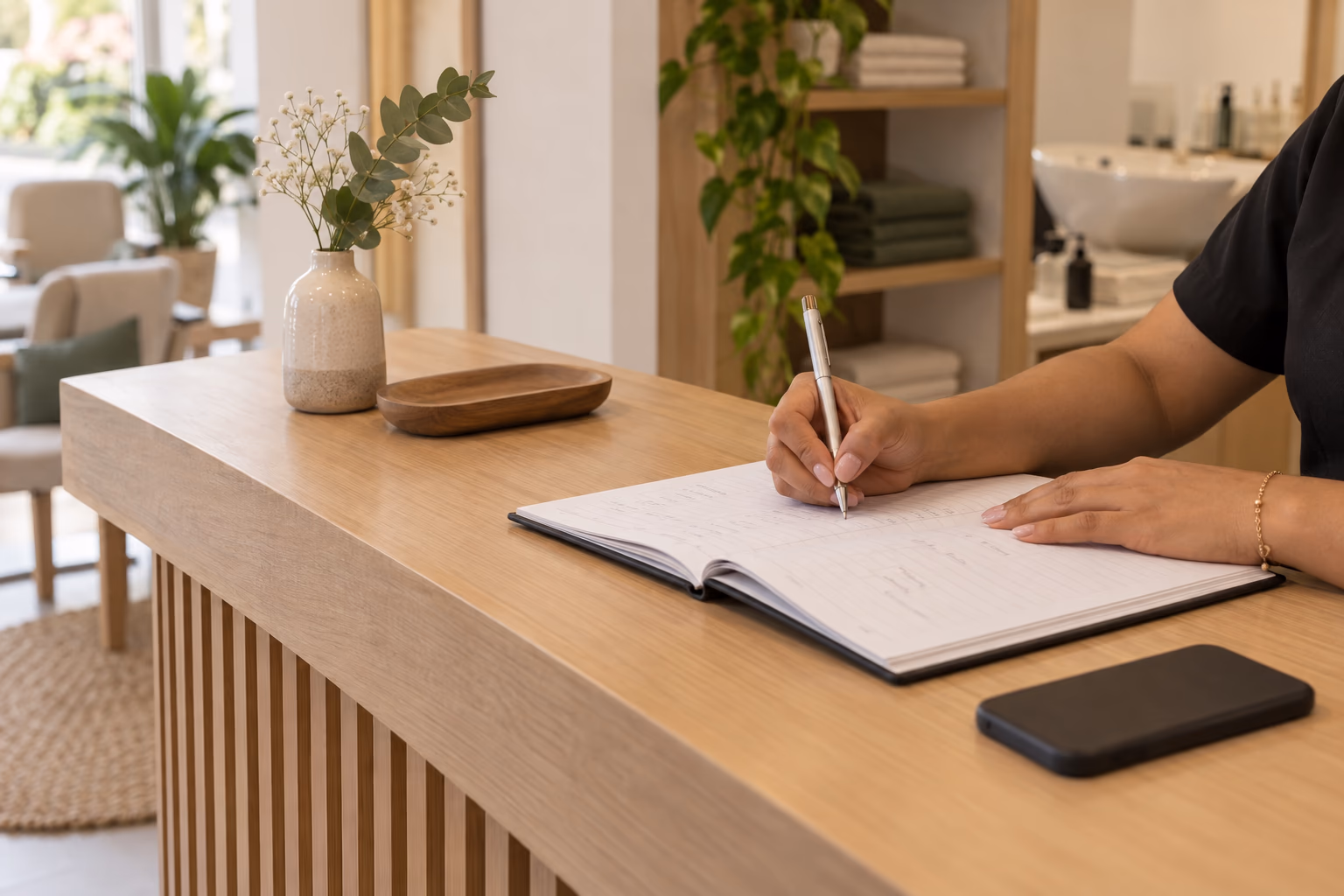 Mostrador de recepción de un salón con una agenda abierta