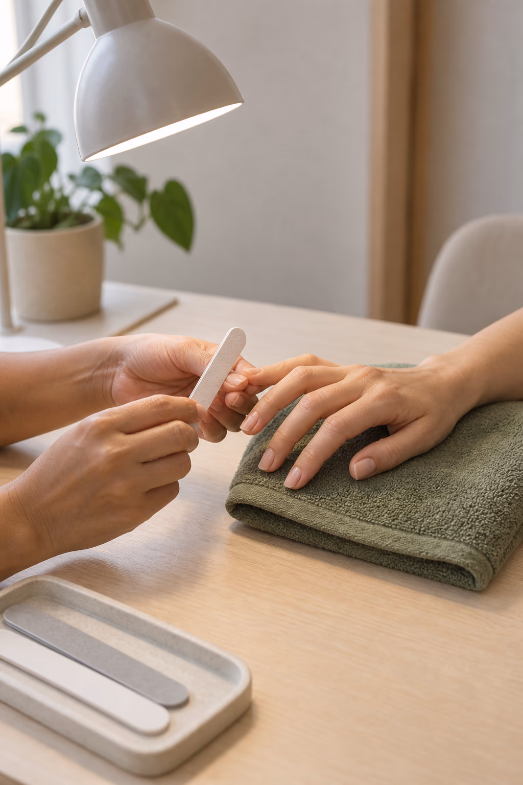 Manos de una manicurista trabajando sobre las manos de una clienta