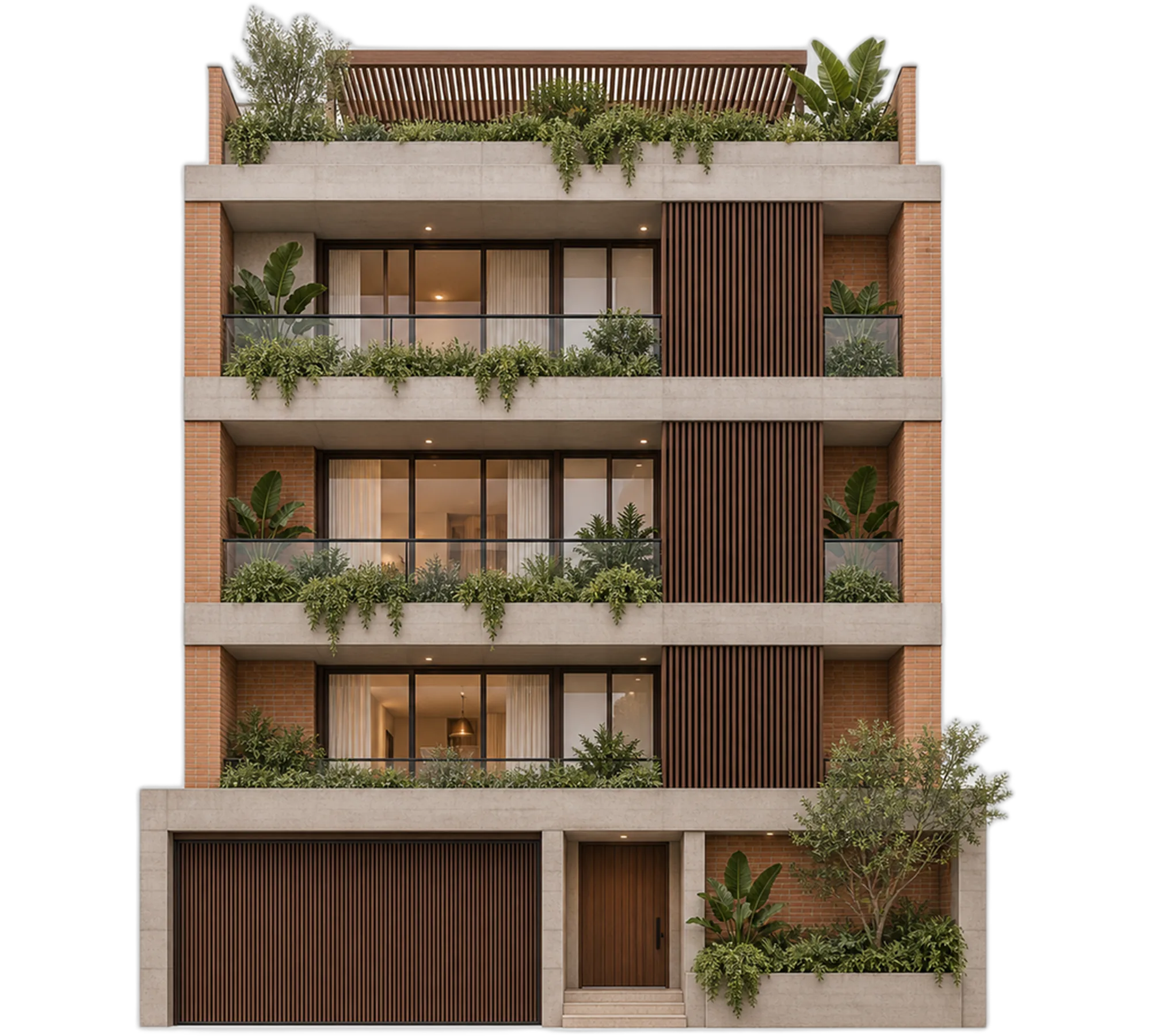 Edificio residencial de cuatro pisos con terrazas plantadas