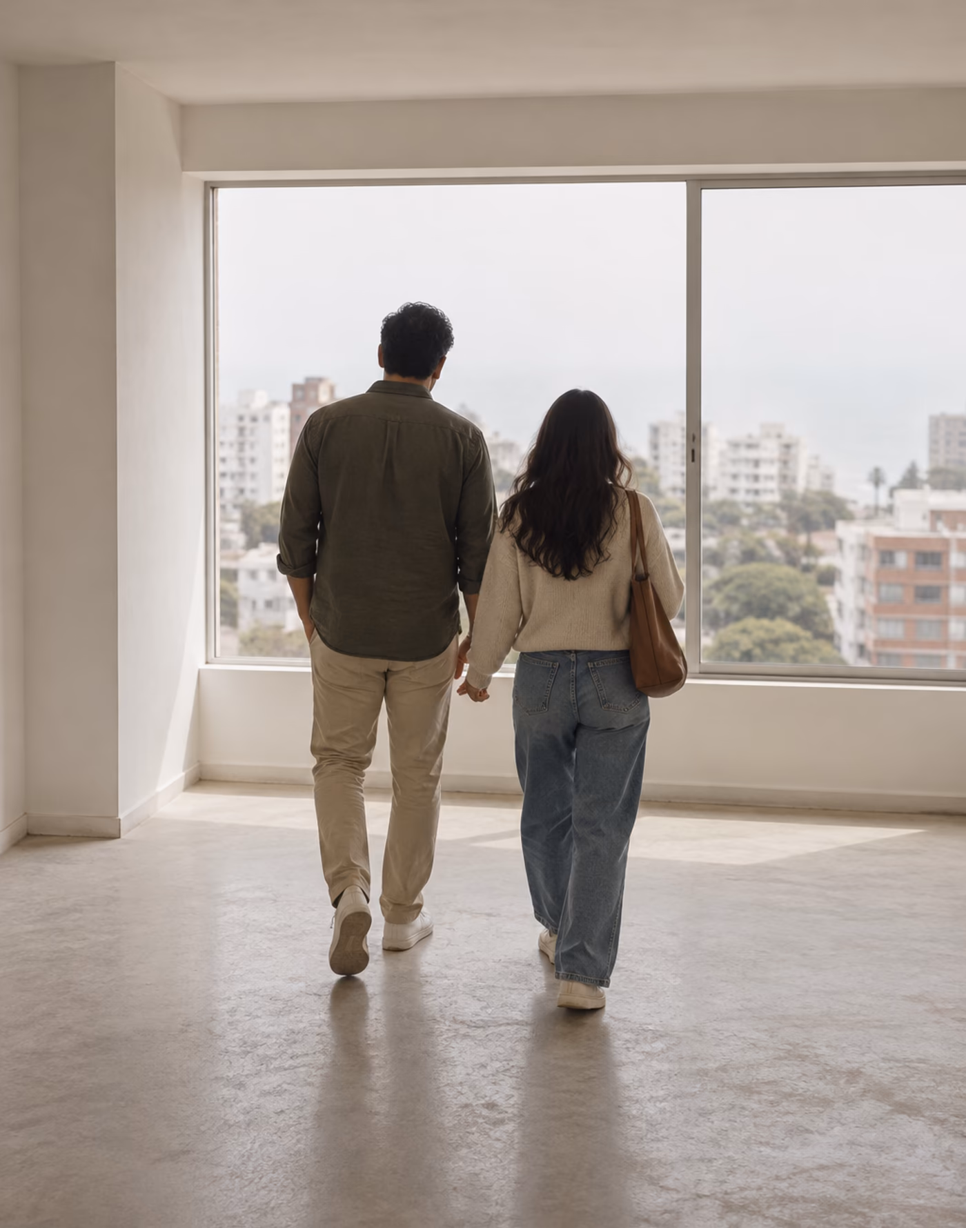 Una pareja recorre un departamento vacío