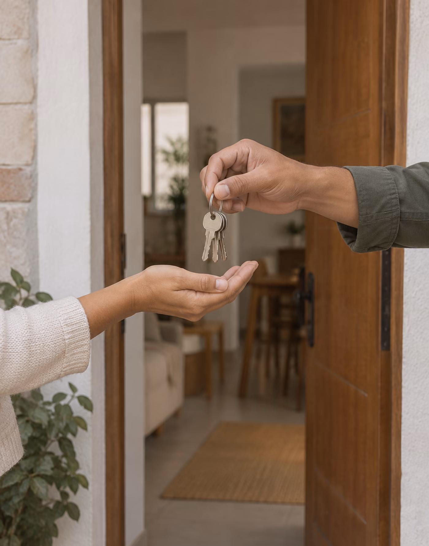 Unas llaves pasan de una mano a otra en la puerta
